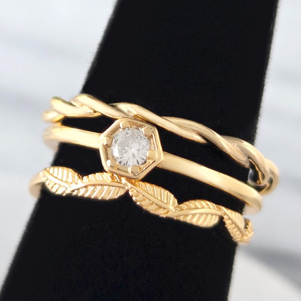 Dainty Gold Feather Twist Boho 3-ring set, Charmed Aroma Wanderlust Collection